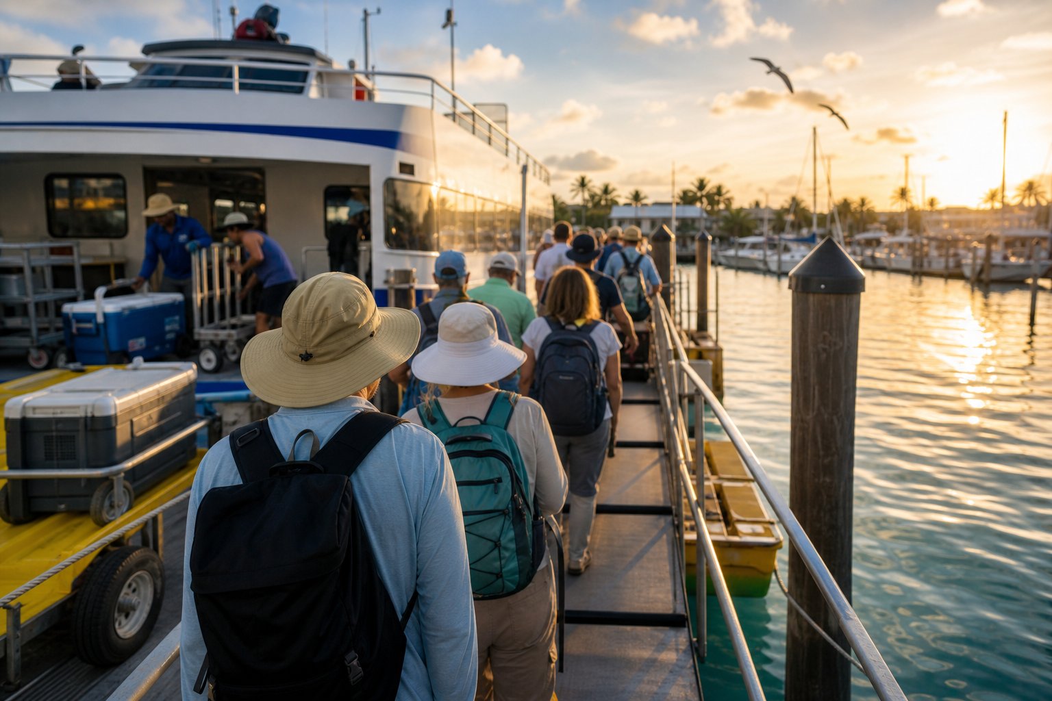 Travelers line up at sunrise to board the Key West ferry.