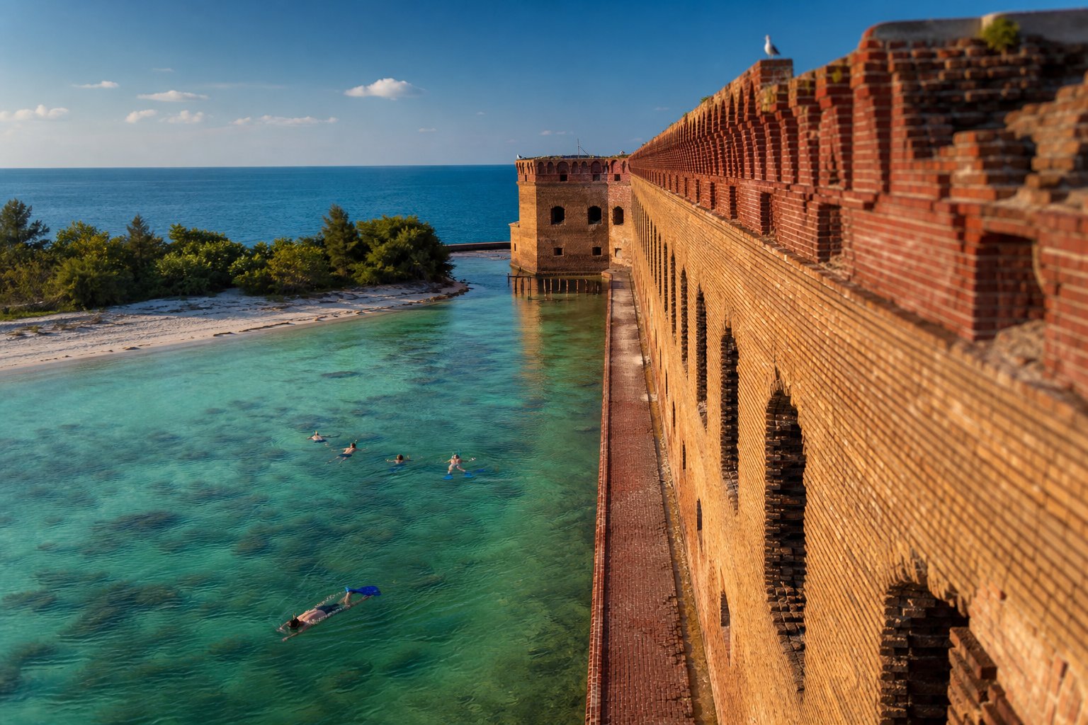 View from Fort Jefferson ramparts over moat, beach, and snorkelers in turquoise water.