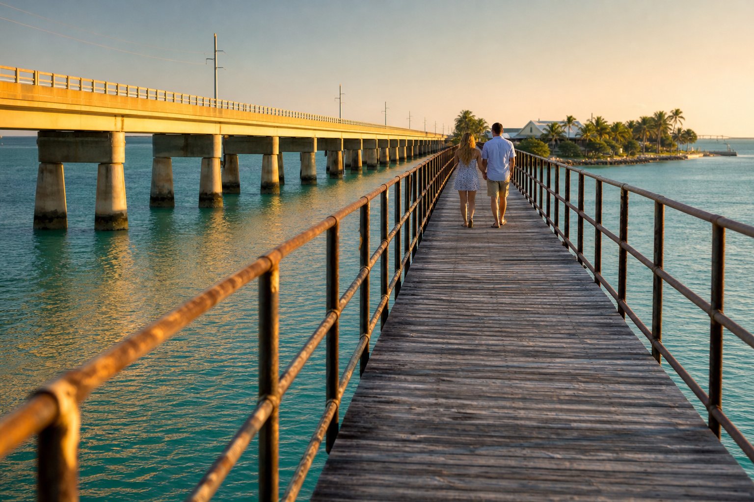 Walkers on the Old Seven Mile Bridge with new bridge and sunset.
