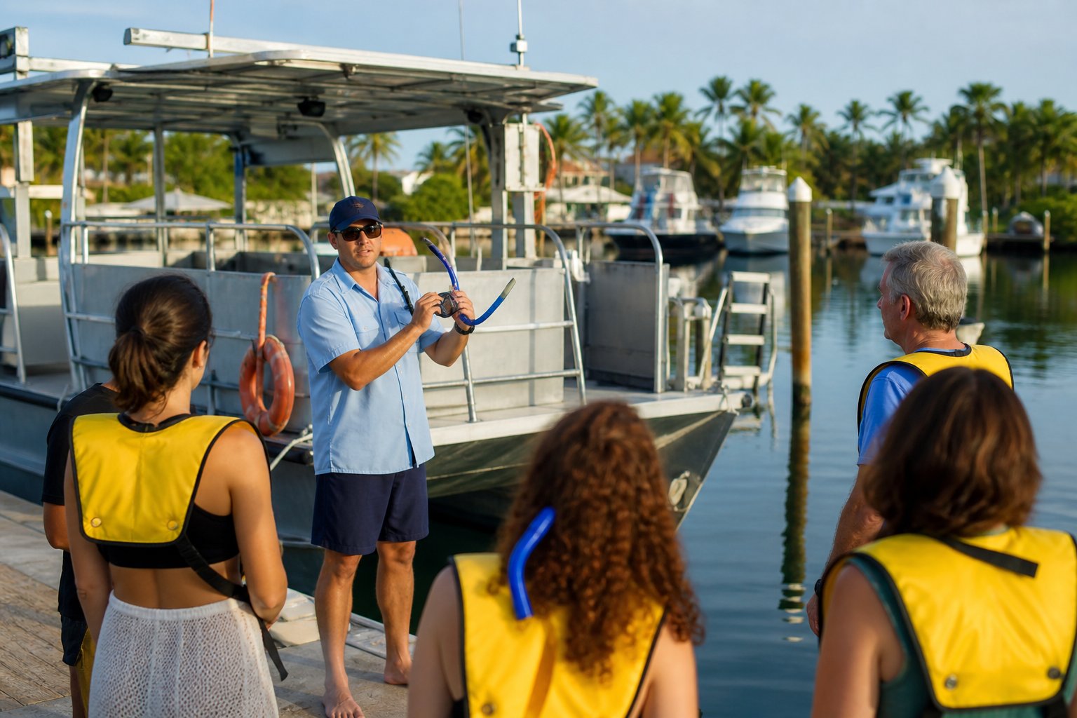 Guide demonstrates snorkel gear to passengers during safety briefing at the marina.
