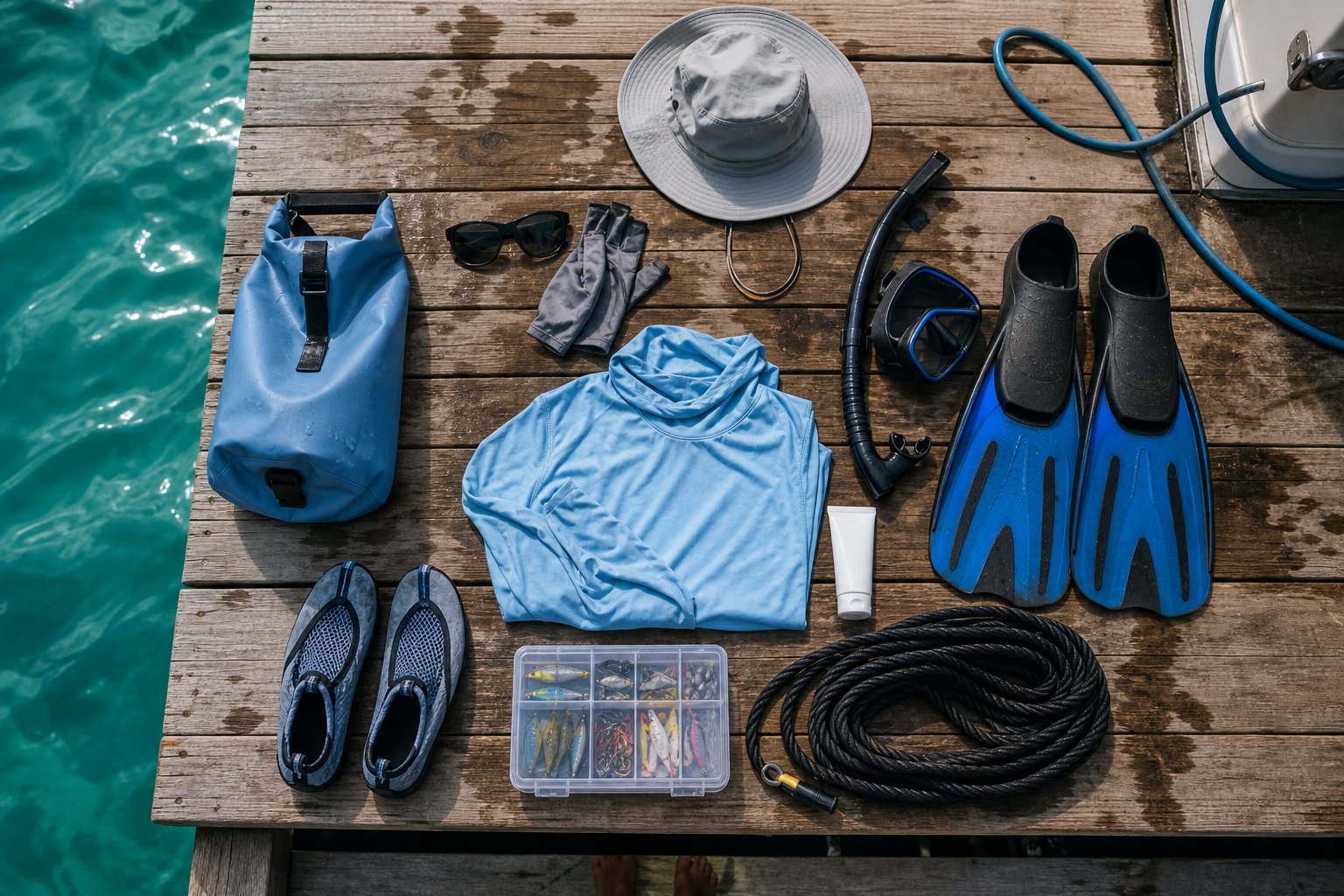 Overhead view of boat-day essentials arranged on a sunlit Keys dock.