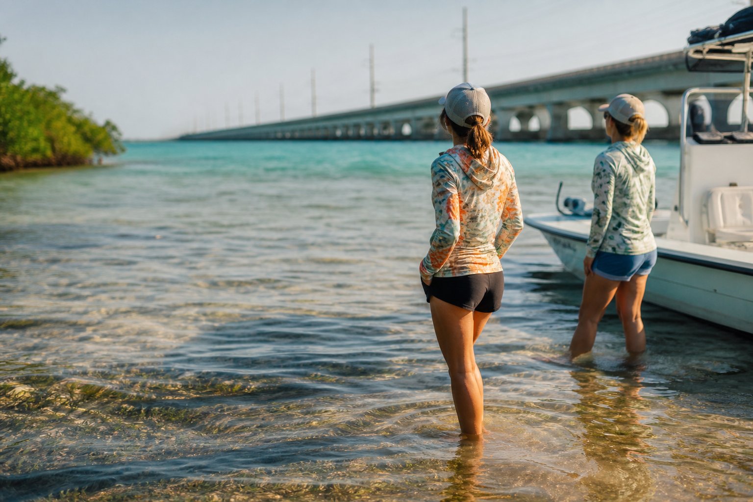 Two friends wade in shallows near bridge, patterned sun hoodies catch warm light.