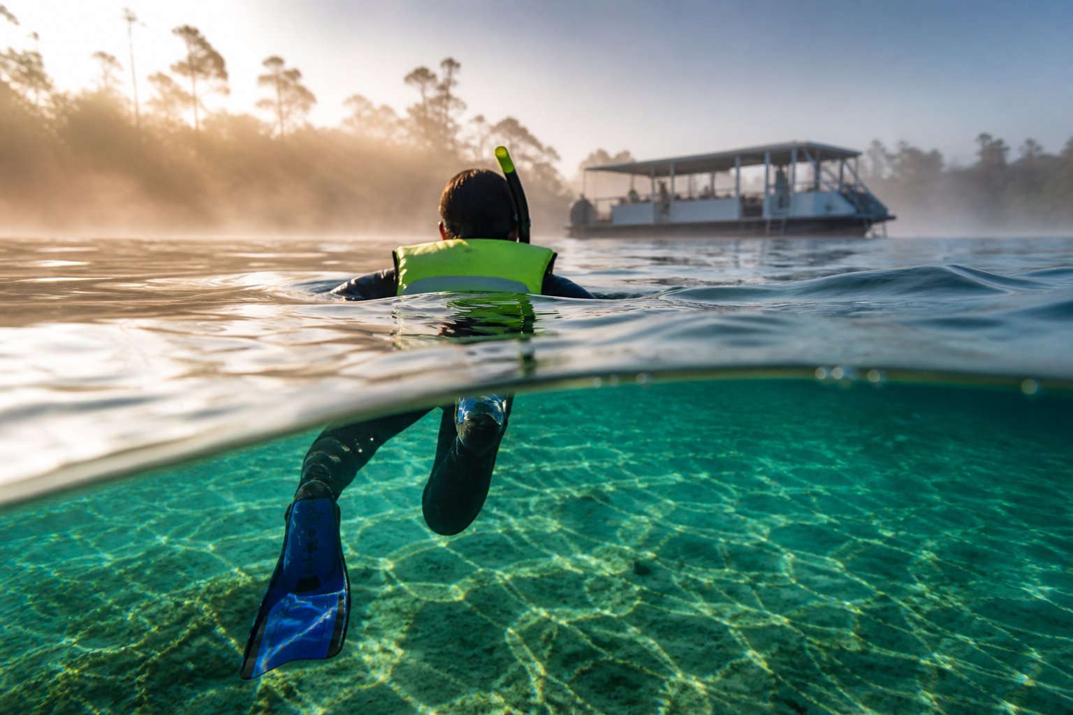 Wetsuited snorkeler floats in clear spring water on a cool morning.